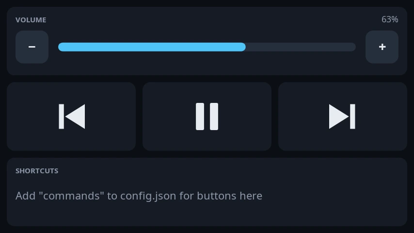The controls page: volume, media buttons and shortcuts