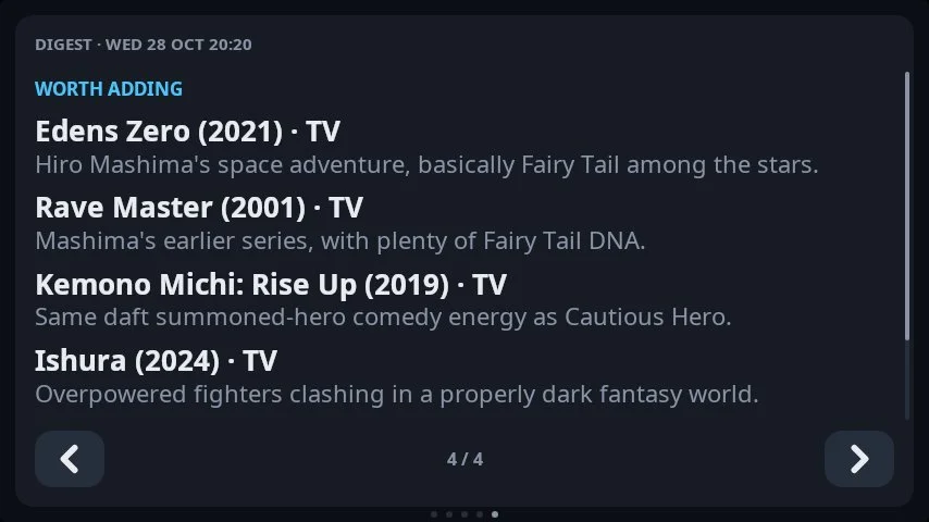 The digest’s “Worth adding” section: suggestions checked against Sonarr