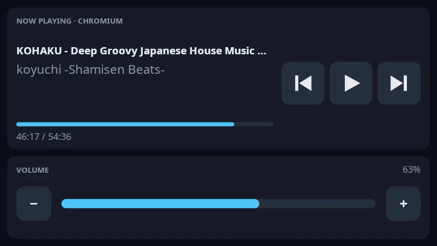 The media page showing the desktop’s now playing and volume