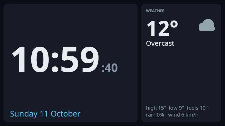 The time page: a large clock with seconds, the date, and a weather card